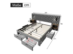 Cama baú 160x200 cm em veludo cinza - Com 4 gavetas, 2 criados-mudos, USB e luz de leitura