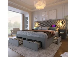 Cama baú 160x200 cm em veludo cinza - Com 4 gavetas, 2 criados-mudos, USB e luz de leitura