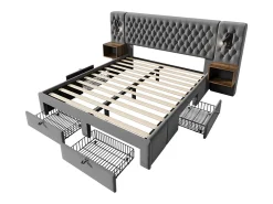 Cama baú 160x200 cm em veludo cinza - Com 4 gavetas, 2 criados-mudos, USB e luz de leitura