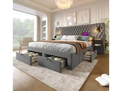 Cama baú 160x200 cm em veludo cinza - Com 4 gavetas, 2 criados-mudos, USB e luz de leitura