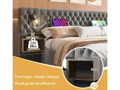 Cama baú 160x200 cm em veludo cinza - Com 4 gavetas, 2 criados-mudos, USB e luz de leitura