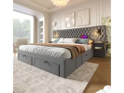 Cama baú 160x200 cm em veludo cinza - Com 4 gavetas, 2 criados-mudos, USB e luz de leitura