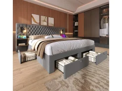 Cama baú 160x200 cm em veludo cinza - Com 4 gavetas, 2 criados-mudos, USB e luz de leitura