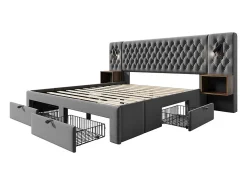 Cama baú 160x200 cm em veludo cinza - Com 4 gavetas, 2 criados-mudos, USB e luz de leitura