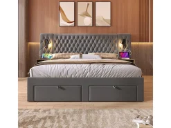 Cama baú 160x200 cm em veludo cinza - Com 4 gavetas, 2 criados-mudos, USB e luz de leitura