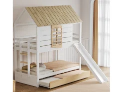 Cama beliche infantil 90x200 cm - com escorrega e cama de baixo - branco + natural (sem colchão)