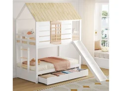 Cama beliche infantil 90x200 cm - com escorrega e 2 gavetas - branco + natural (sem colchão)