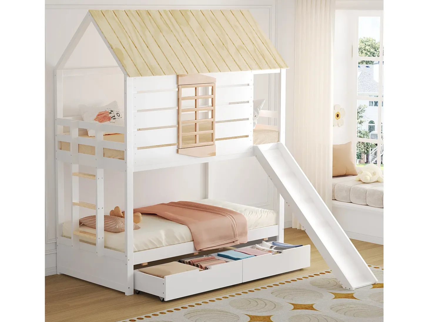 Cama beliche infantil 90x200 cm - com escorrega e 2 gavetas - branco + natural (sem colchão)