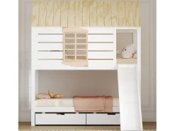 Cama beliche infantil 90x200 cm - com escorrega e 2 gavetas - branco + natural (sem colchão)