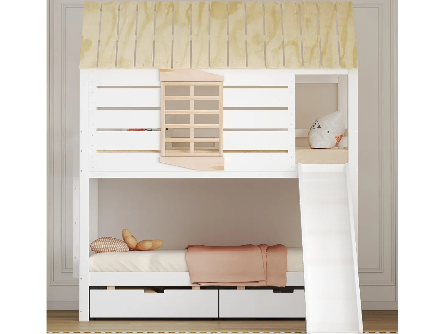 Cama beliche infantil 90x200 cm - com escorrega e 2 gavetas - branco + natural (sem colchão)