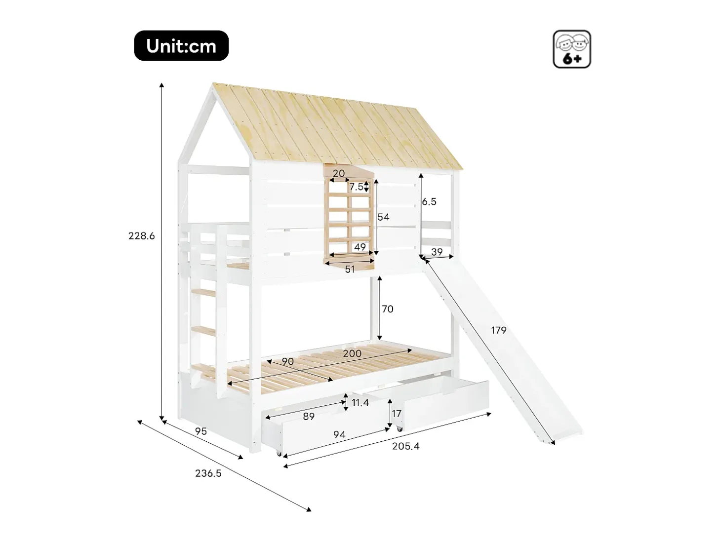 Cama beliche infantil 90x200 cm - com escorrega e 2 gavetas - branco + natural (sem colchão)