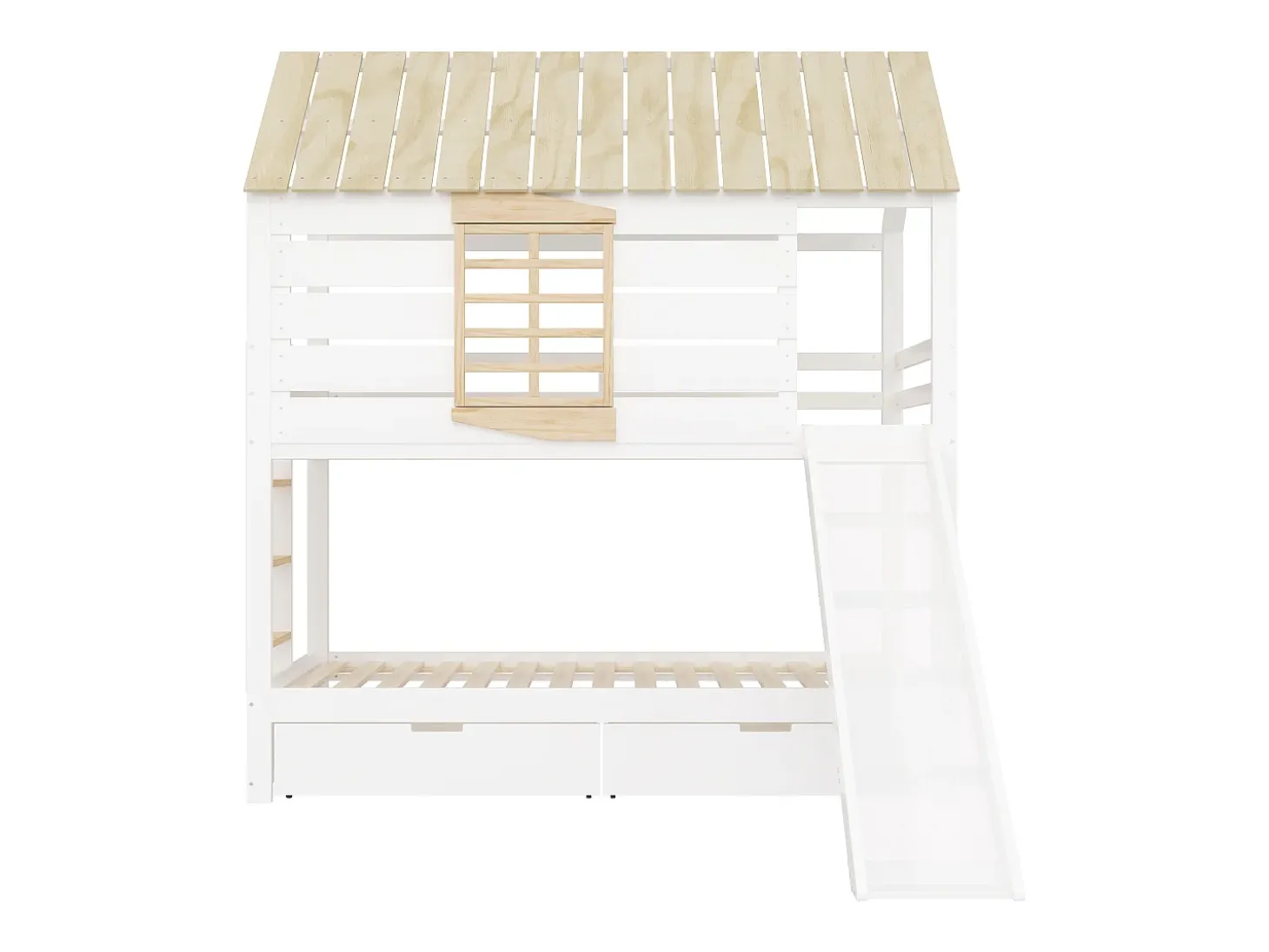 Cama beliche infantil 90x200 cm - com escorrega e 2 gavetas - branco + natural (sem colchão)