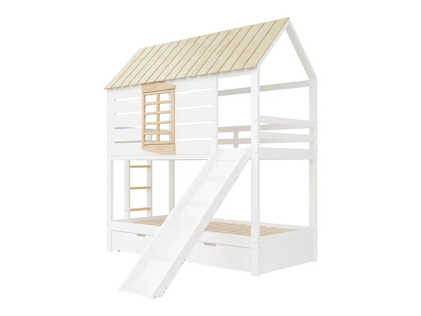 Cama beliche infantil 90x200 cm - com escorrega e 2 gavetas - branco + natural (sem colchão)