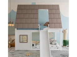 Cama beliche infantil 140x200 cm - com telhado - escada e escorrega - branco e marrom (sem colchão)
