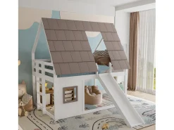 Cama beliche infantil 140x200 cm - com telhado - escada e escorrega - branco e marrom (sem colchão)