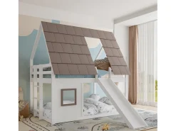 Cama beliche infantil 140x200 cm - com telhado - escada e escorrega - branco e marrom (sem colchão)
