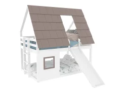 Cama beliche infantil 140x200 cm - com telhado - escada e escorrega - branco e marrom (sem colchão)