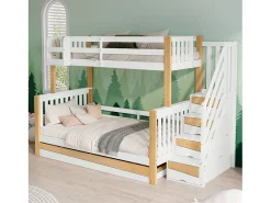 Cama beliche para crianças 90x200+120*200 cm, com proteção contra quedas, três beliches, branco + cores naturais