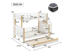 Cama beliche para crianças 90x200+120*200 cm, com proteção contra quedas, três beliches, branco + cores naturais