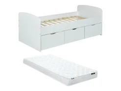 Cama branca 2 gavetas 1 espaço de arrumação mesa de centro + colchão 90x190 cm LOUANE