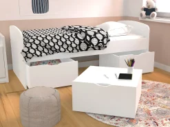 Cama branca 2 gavetas 1 espaço de arrumação mesa de centro + colchão 90x190 cm LOUANE