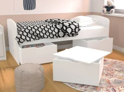 Cama branca 2 gavetas 1 espaço de arrumação mesa de centro + colchão 90x190 cm LOUANE