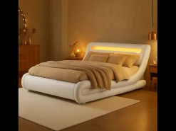 Cama Branca em Pele Sintética com LEDs Integrados 160x200 cm SEATTLE