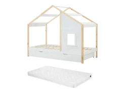 Cama cabana 90 x 190 cm com gaveta em pinheiro e MDF branco e natural + colchão - RINELYA
