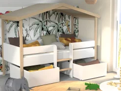 Cama cabana com gavetões 90x190 cm madeira de tília branco e carvalho com colchão SAROSI