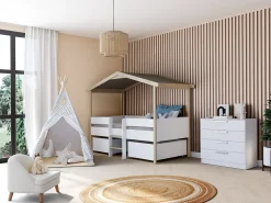 Cama cabana com gavetões 90x190 cm madeira de tília branco e carvalho com colchão SAROSI