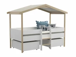 Cama cabana com gavetões 90x190 cm madeira de tília branco e carvalho com colchão SAROSI