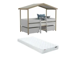 Cama cabana com gavetões 90x190 cm madeira de tília branco e carvalho com colchão SAROSI
