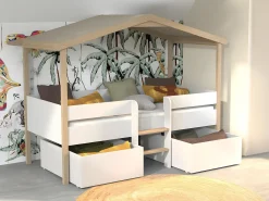 Cama cabana com gavetões 90x190 cm estrutura em madeira de tília branco e carvalho SAROSI