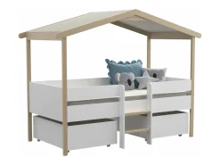 Cama cabana com gavetões 90x190 cm estrutura em madeira de tília branco e carvalho SAROSI