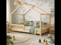 Cama cabana infantil BOSCO 90x190 cm em madeira de pinho natural envernizada com estrado de ripas – Estilo escandinavo unissex