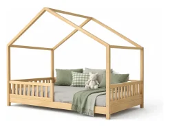 Cama cabana infantil BOSCO 90x190 cm em madeira de pinho natural envernizada com estrado de ripas – Estilo escandinavo unissex