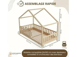 Cama cabana infantil BOSCO 90x190 cm em madeira de pinho natural envernizada com estrado de ripas – Estilo escandinavo unissex