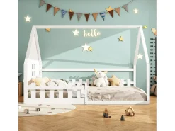 Cama cabana infantil 140x200 cm com grade e barra de casa, em madeira de pinho, branco (sem colchão)