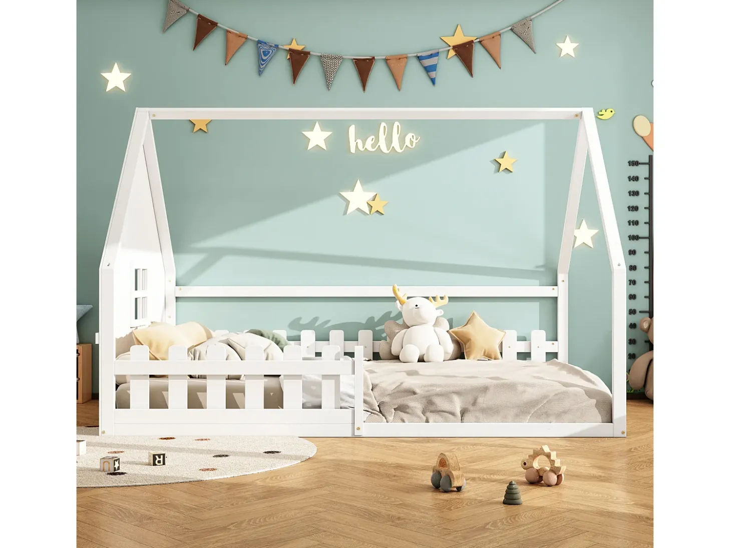 Cama cabana infantil 140x200 cm com grade e barra de casa, em madeira de pinho, branco (sem colchão)