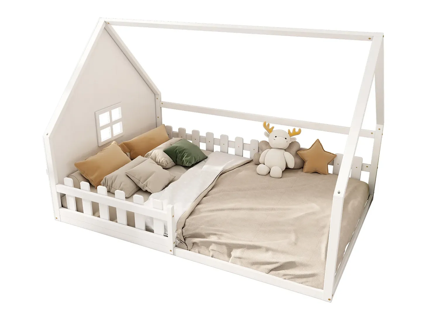 Cama cabana infantil 140x200 cm com grade e barra de casa, em madeira de pinho, branco (sem colchão)