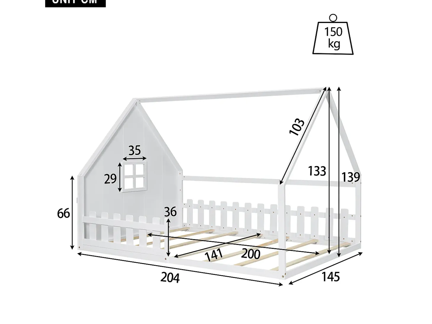 Cama cabana infantil 140x200 cm com grade e barra de casa, em madeira de pinho, branco (sem colchão)