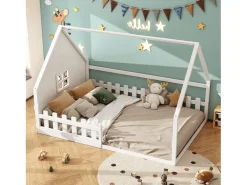 Cama cabana infantil 140x200 cm com grade e barra de casa, em madeira de pinho, branco (sem colchão)