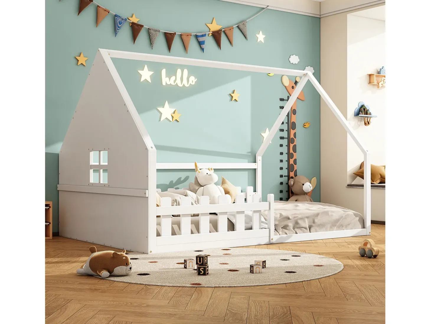 Cama cabana infantil 140x200 cm com grade e barra de casa, em madeira de pinho, branco (sem colchão)