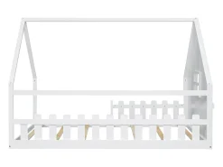 Cama cabana infantil 140x200 cm com grade e barra de casa, em madeira de pinho, branco (sem colchão)
