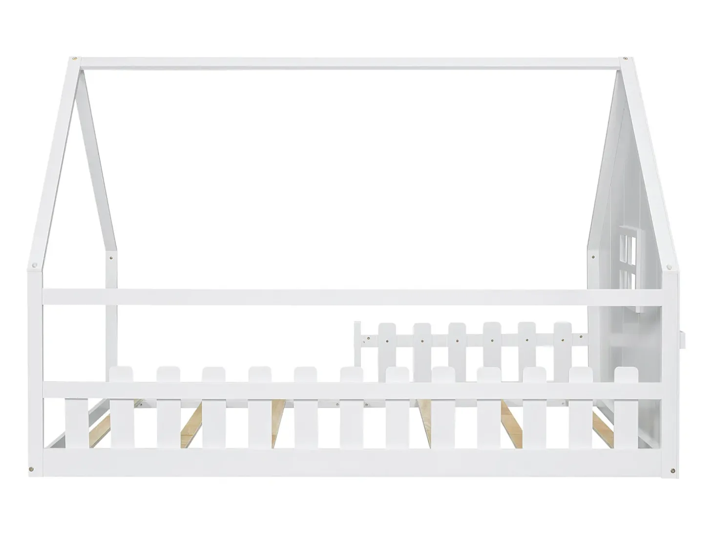 Cama cabana infantil 140x200 cm com grade e barra de casa, em madeira de pinho, branco (sem colchão)