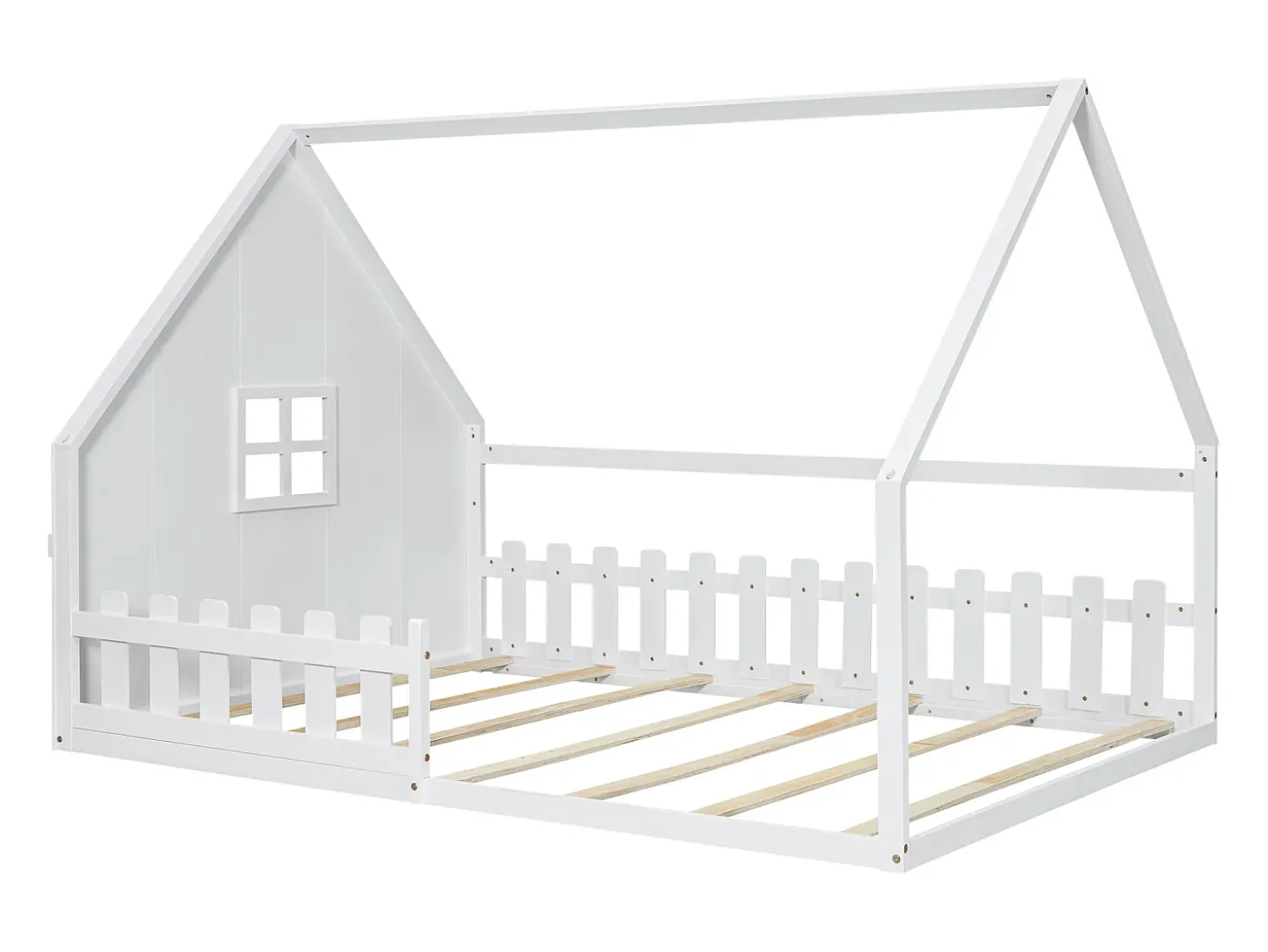 Cama cabana infantil 140x200 cm com grade e barra de casa, em madeira de pinho, branco (sem colchão)