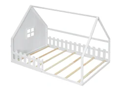 Cama cabana infantil 140x200 cm com grade e barra de casa, em madeira de pinho, branco (sem colchão)