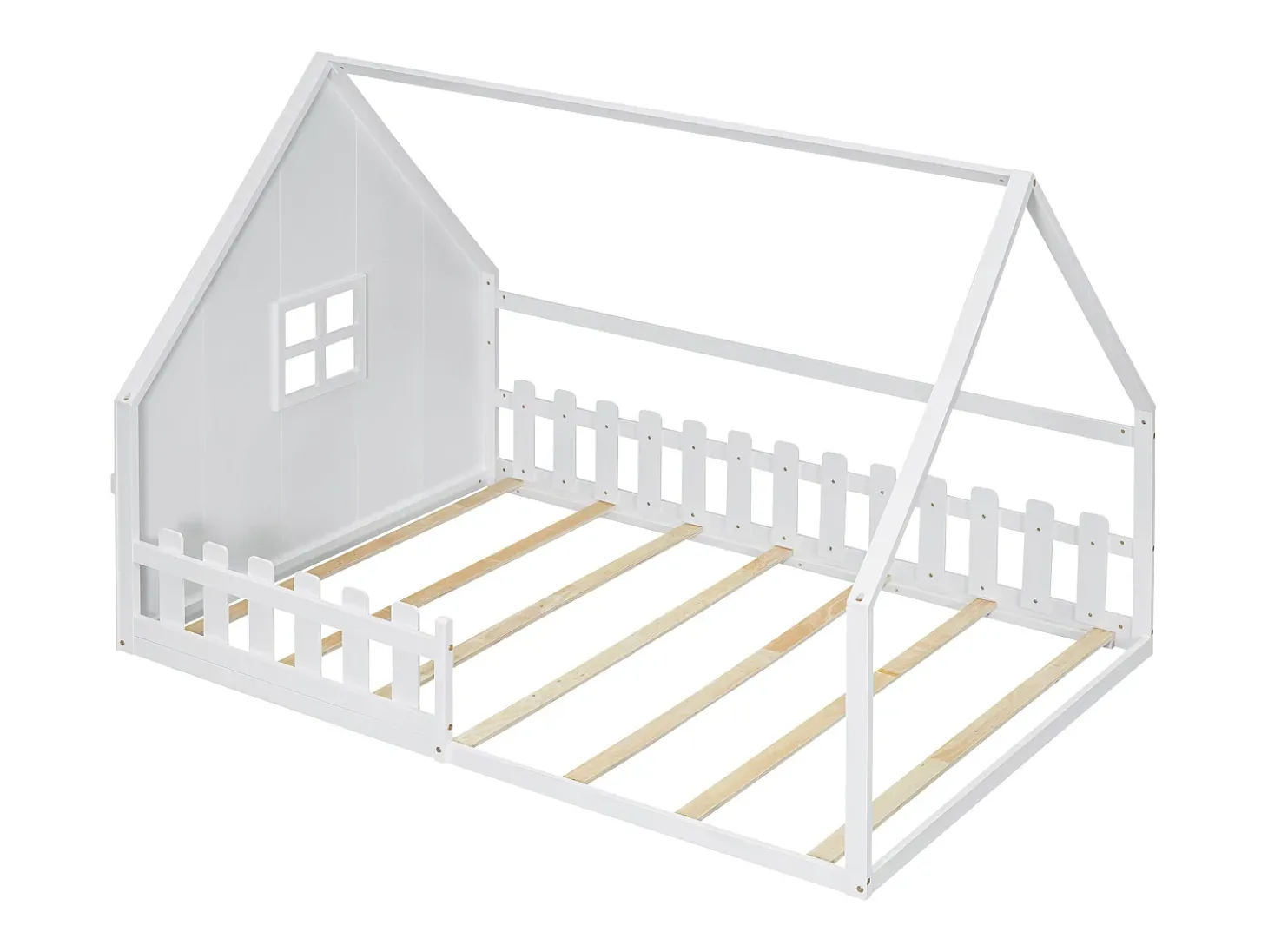 Cama cabana infantil 140x200 cm com grade e barra de casa, em madeira de pinho, branco (sem colchão)
