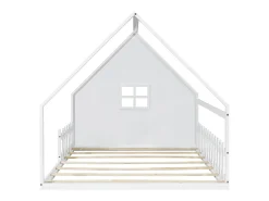 Cama cabana infantil 140x200 cm com grade e barra de casa, em madeira de pinho, branco (sem colchão)