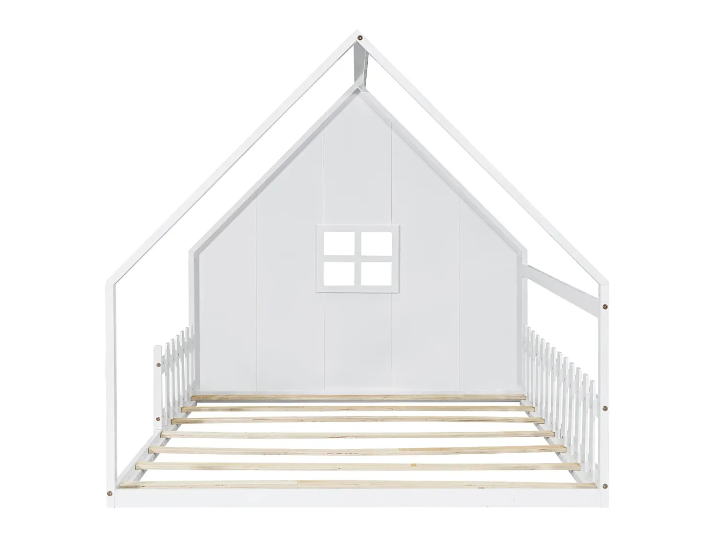 Cama cabana infantil 140x200 cm com grade e barra de casa, em madeira de pinho, branco (sem colchão)